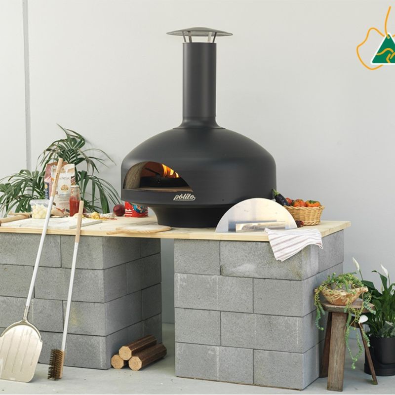 Polito Giotto Wood Fired Oven With Bench Stand in an Outdoor Kitchen Setting