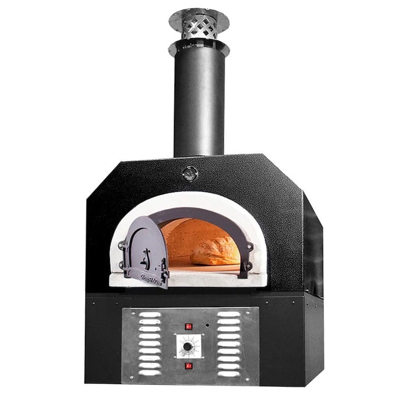 Full Display of Chicago Brick Oven 750 Hybrid Model Gas and Wood Pizza oven with Black Hood and Skirt