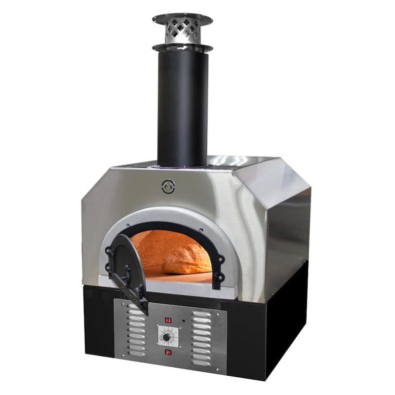 Full Display of Chicago Brick Oven 750 Hybrid Model Gas and Wood Pizza oven with Stainless Steel Hood and Skirt