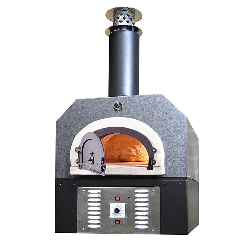 Full Display of Chicago Brick Oven 750 Hybrid Model Gas and Wood Pizza oven with Silver Hood and Skirt