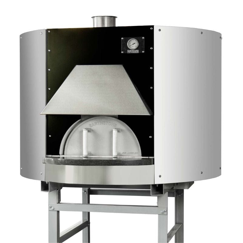 Earthstone Pre-Assembled Wood Oven Model-110-PA Stainless Steel Hood/Shelf close up view from the side